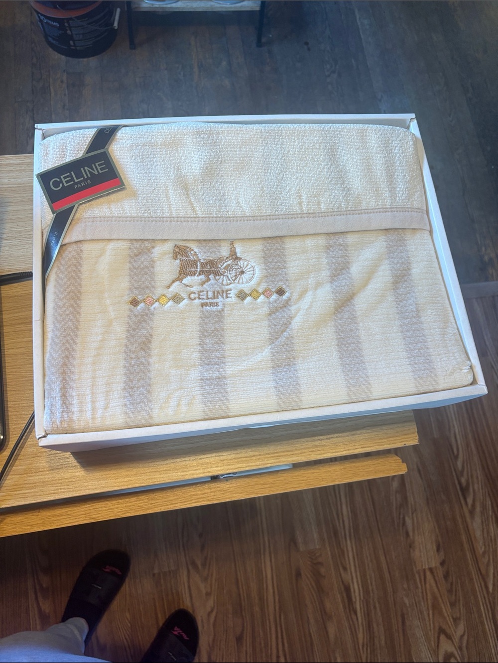 Celine vintage Cream & Beige Striped Embroidered blanket